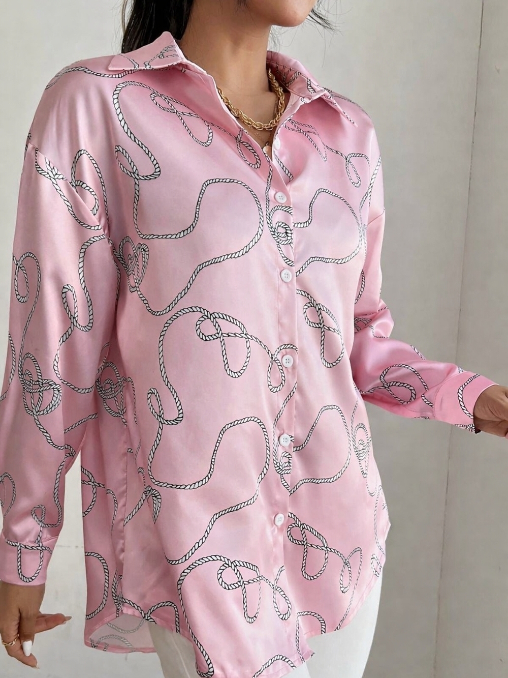 $2/20 Zara Pink Satin Rope-Print Button-Up Blouse